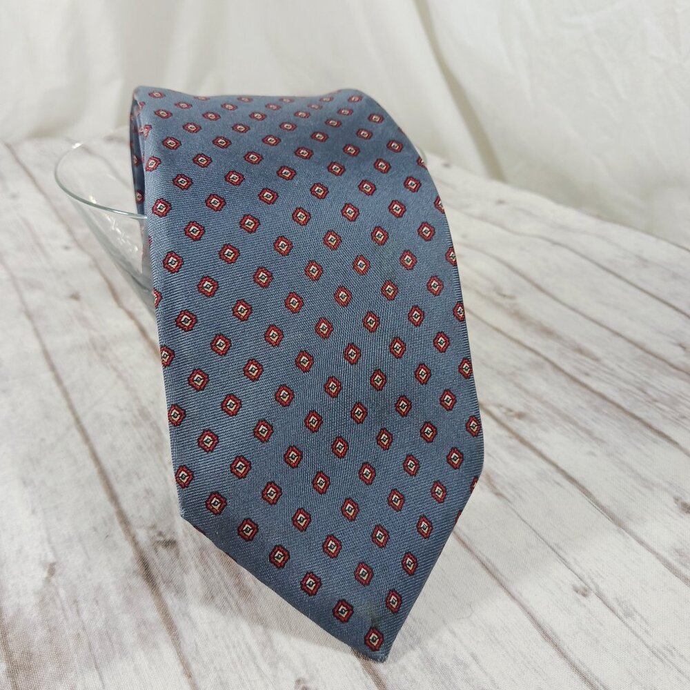 Londonderry Men's Silk Necktie Gray-Blue w/Small Red Squares 58x3"